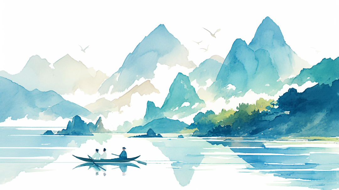 千库网_野外山峰起伏湖面古人乘船插画_插画编号418503.png